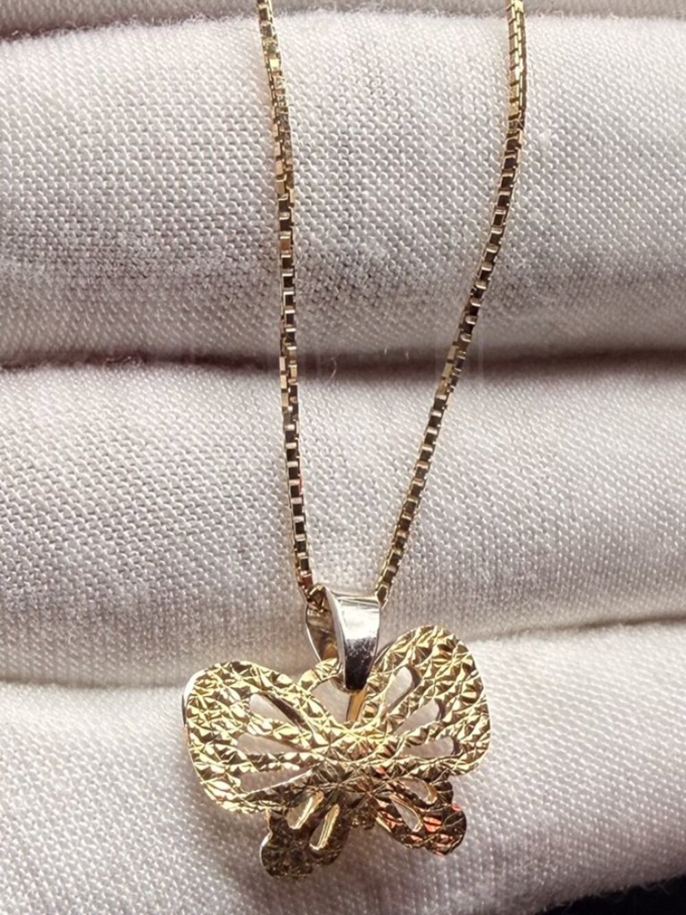 14K Two Tone Gold Butterfly Pendant With 0.8mm Box Chain - 22 inch